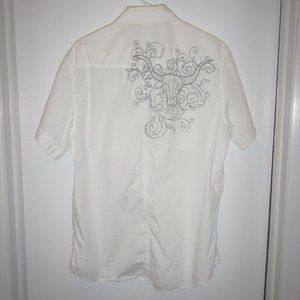 Utility Brand Men's 100% Cotton White Button Down Shirt, Longhorn Print Back, L